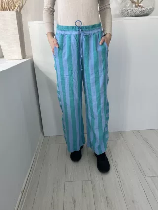   Next (M) Zöld Kék Csíkos, Derékban Összehúzható Megkötős, 87% Pamut Alapanyagú Nadrág