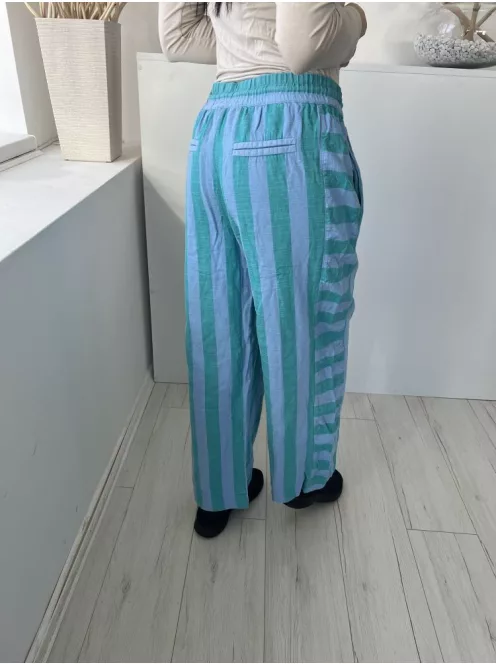 Next (M) Zöld Kék Csíkos, Derékban Összehúzható Megkötős, 87% Pamut Alapanyagú Nadrág