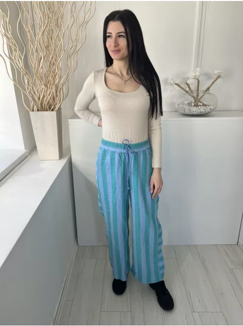 Next (M) Zöld Kék Csíkos, Derékban Összehúzható Megkötős, 87% Pamut Alapanyagú Nadrág