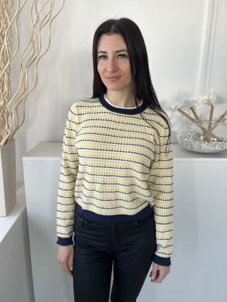   TU (M) Sárga Sötétkék Csíkos, Lyukacsos Mintás Kerek Nyakú Felső