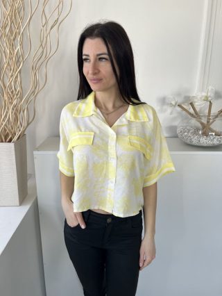   New Collection (M) Fehér Sárga Mintás, Elől Végig Gombos Mellnél Díszzsebes Felső