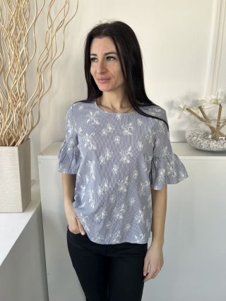   TU (M) Sötétkék Fehér Mikrocsíkos, Virágos Tölcsér Ujjú Felső