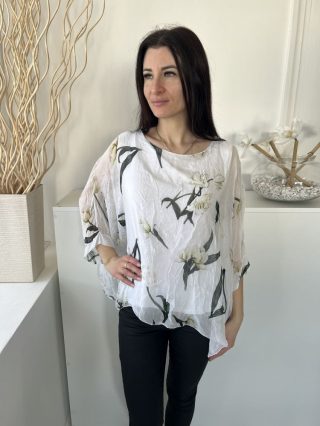   Viola Borghi (M) Fehér Tulipán Mintás, Bélelt Lepel Ujjú Felső