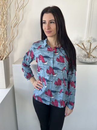    (M) Tengerkék Hajó Mintás, Elől Végig Gombos Galléros, Ujjvégén Gombos, 100% Pamut Felső
