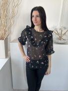 ZARA (M) Fekete Apró Virágos, Áttetsző Bélés Nélküli, Hátul Nyakban Gombos Felső