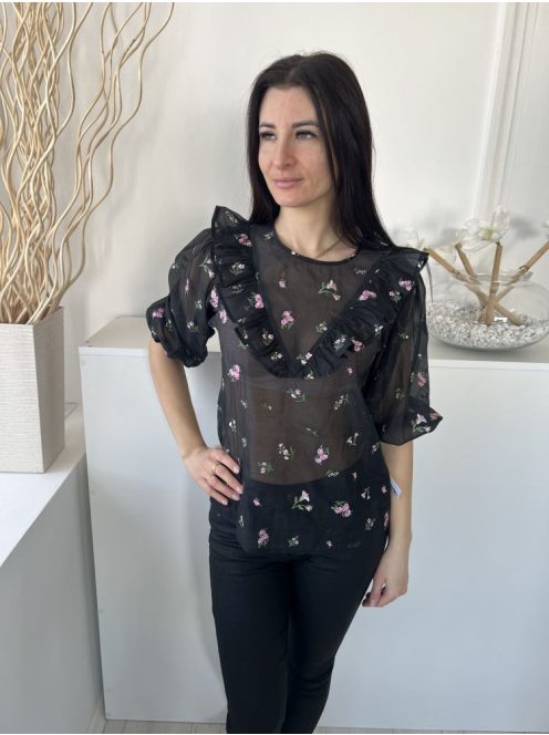 ZARA (M) Fekete Apró Virágos, Áttetsző Bélés Nélküli, Hátul Nyakban Gombos Felső