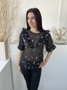 ZARA (M) Fekete Apró Virágos, Áttetsző Bélés Nélküli, Hátul Nyakban Gombos Felső