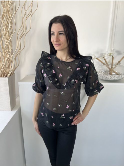 ZARA (M) Fekete Apró Virágos, Áttetsző Bélés Nélküli, Hátul Nyakban Gombos Felső