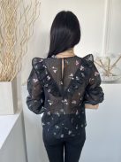 ZARA (M) Fekete Apró Virágos, Áttetsző Bélés Nélküli, Hátul Nyakban Gombos Felső