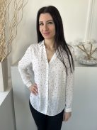 Papaya (M) Fehér Fekete Apró Szivecskés, Elől Végig Gombos Galléros, Kerekített Aljú Felső