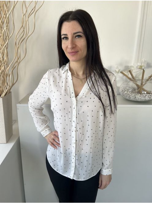 Papaya (M) Fehér Fekete Apró Szivecskés, Elől Végig Gombos Galléros, Kerekített Aljú Felső