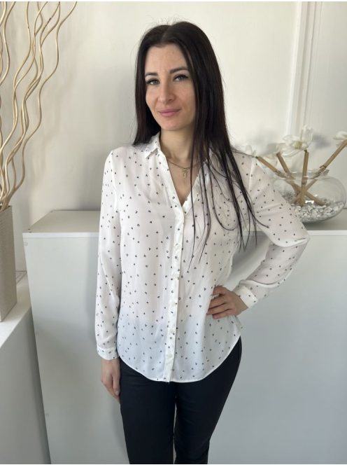 Papaya (M) Fehér Fekete Apró Szivecskés, Elől Végig Gombos Galléros, Kerekített Aljú Felső