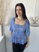 Peacocks (M) Kék Apró Virágos, Kocka Kivágású Fodros Aljú, Buggyos Ujjú Felső