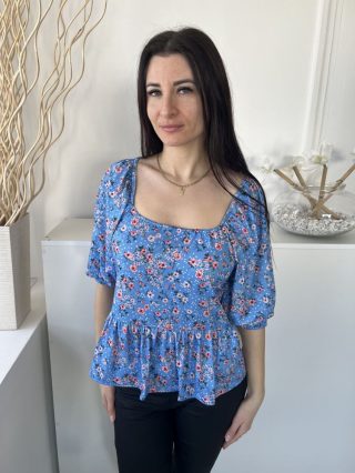   Peacocks (M) Kék Apró Virágos, Kocka Kivágású Fodros Aljú, Buggyos Ujjú Felső