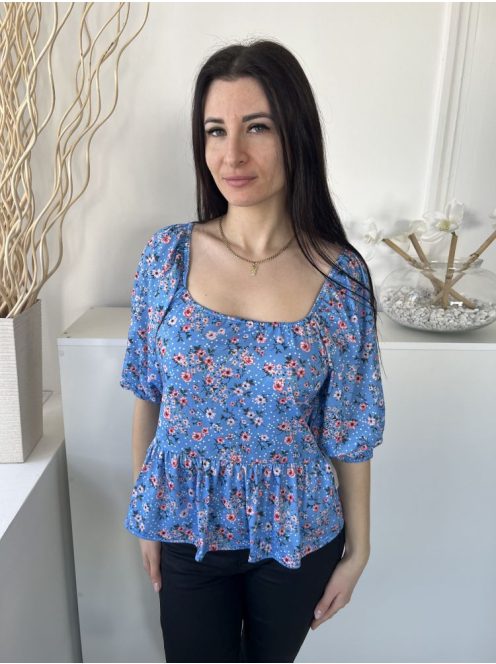 Peacocks (M) Kék Apró Virágos, Kocka Kivágású Fodros Aljú, Buggyos Ujjú Felső