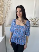 Peacocks (M) Kék Apró Virágos, Kocka Kivágású Fodros Aljú, Buggyos Ujjú Felső