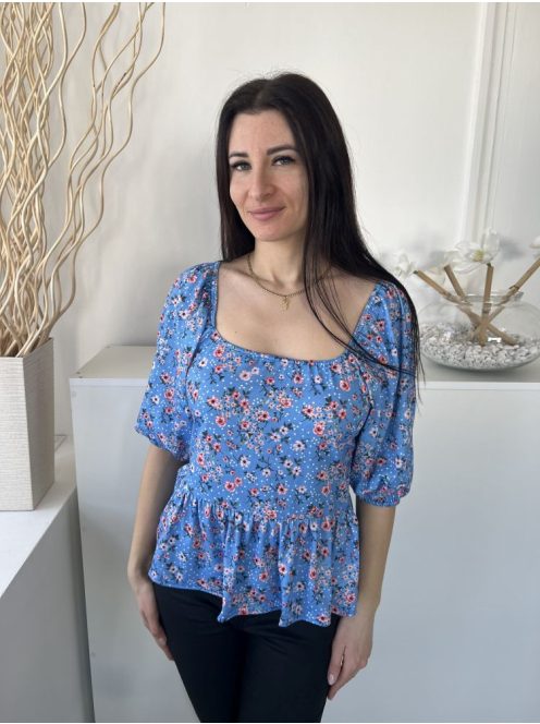 Peacocks (M) Kék Apró Virágos, Kocka Kivágású Fodros Aljú, Buggyos Ujjú Felső