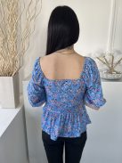 Peacocks (M) Kék Apró Virágos, Kocka Kivágású Fodros Aljú, Buggyos Ujjú Felső