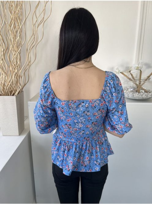 Peacocks (M) Kék Apró Virágos, Kocka Kivágású Fodros Aljú, Buggyos Ujjú Felső