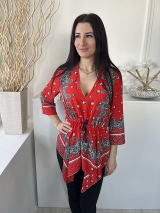   ÚJ ZARA (M) Piros Fekete-Fehér Mitás, Derékban Összehúzható Megkötős, Aszimmetrikus Aljú Felső