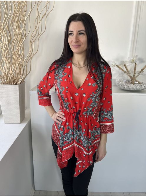 ÚJ ZARA (M) Piros Fekete-Fehér Mitás, Derékban Összehúzható Megkötős, Aszimmetrikus Aljú Felső