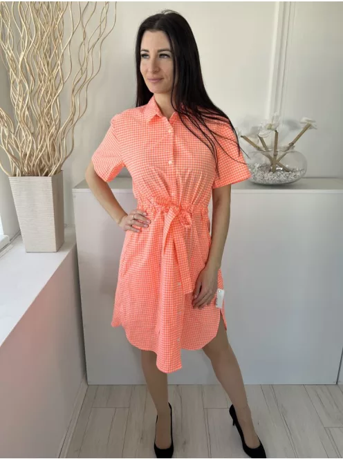 ÚJ French Connection (M) Neon Narancs Fehér-Rózsaszín Kockás, Elől Végig Gombos Derékban Összehúzható, Megkötős Ruha