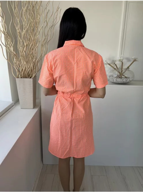 ÚJ French Connection (M) Neon Narancs Fehér-Rózsaszín Kockás, Elől Végig Gombos Derékban Összehúzható, Megkötős Ruha