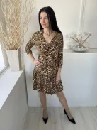 By Very (M) Sárgásbarna Fekete Foltmintás, Fodros Aljú Rugalmas Anyagú Ruha