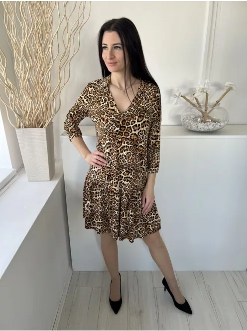 By Very (M) Sárgásbarna Fekete Foltmintás, Fodros Aljú Rugalmas Anyagú Ruha