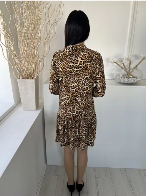 By Very (M) Sárgásbarna Fekete Foltmintás, Fodros Aljú Rugalmas Anyagú Ruha