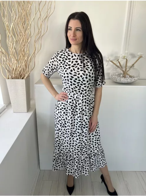 Missguided (XS) Fehér Fekete Foltmintás, Gumisderekú Hátul Nyakban Gombos, Fodros Aljú, Oldalt Cipzáros Ruha