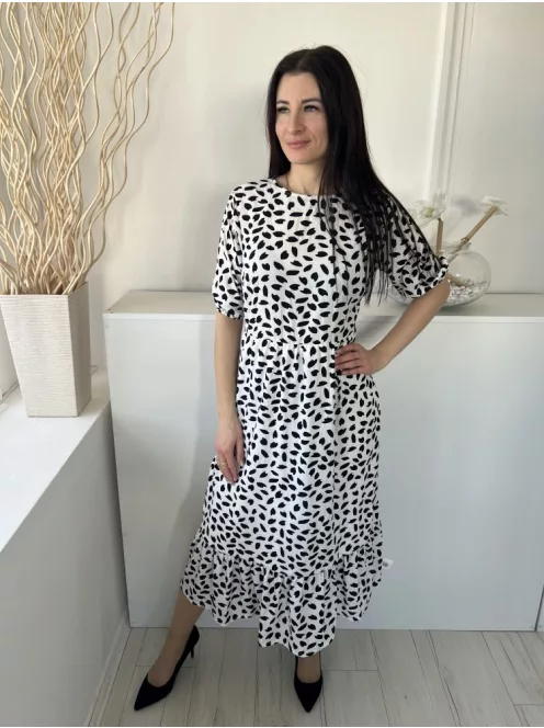 Missguided (XS) Fehér Fekete Foltmintás, Gumisderekú Hátul Nyakban Gombos, Fodros Aljú, Oldalt Cipzáros Ruha