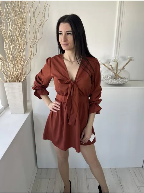 Boohoo (M) Rozsdabarna Mellnél Megkötős, Hátul Cipzáros Fodros Ujjú Ruha
