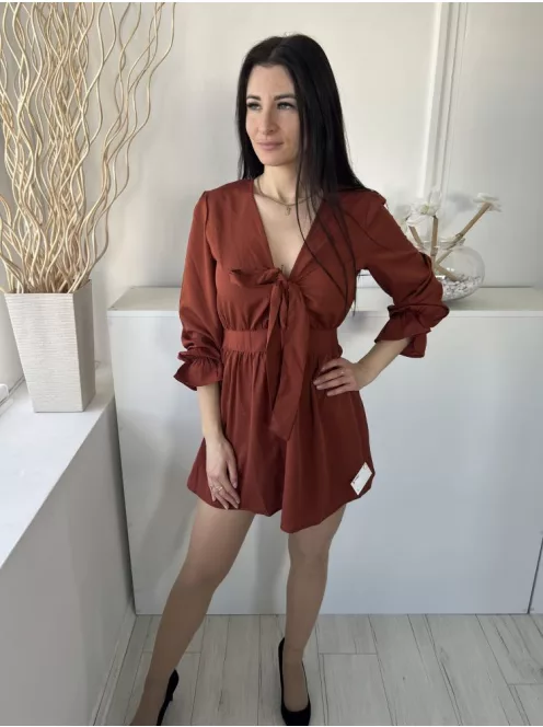 Boohoo (M) Rozsdabarna Mellnél Megkötős, Hátul Cipzáros Fodros Ujjú Ruha