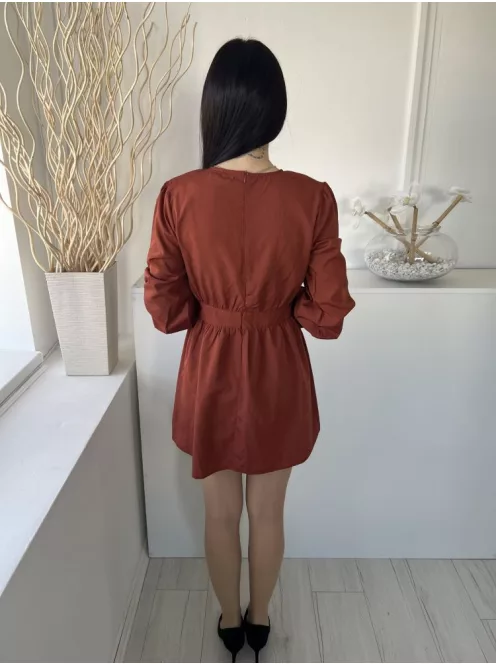 Boohoo (M) Rozsdabarna Mellnél Megkötős, Hátul Cipzáros Fodros Ujjú Ruha