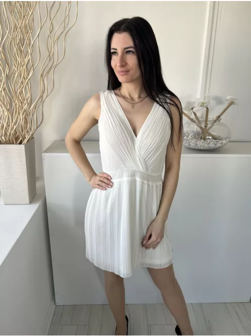 Mango (M) Fehér Pliszírozott, Derékban Szabott Bélelt, Mellnél Díszlapolású Ruha