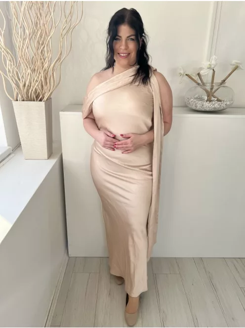 ÚJ In The Style (M) Púderszínú Oldalt Cipzáros, Vállán Díszmegkötős Fényes Anyagú Ruha