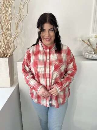   Fat Face (XL) Piros-Drapp Kockás, Elől Végig Gombos Mellnél Zsebes, Galléros, 100% Pamut Felső
