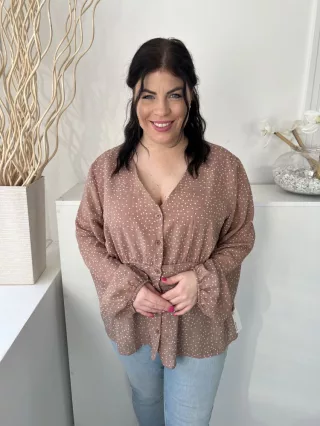   Boohoo (XXL) Barna Fehér Pöttyös, Elől Végig Gombos Derékban Díszhajtásos Felső