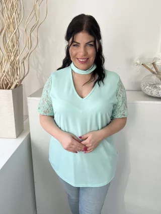   ÚJ By Very (XL) Menta Nyakpántos, Csipkés Ujjú V Kivágású Felső