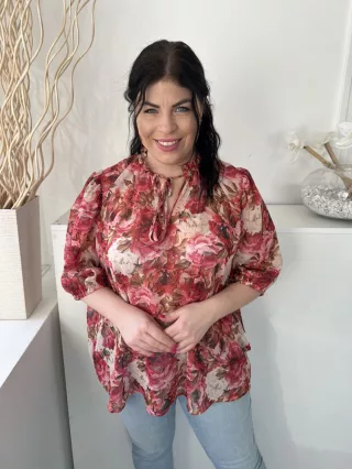   Gallery (XXL) Drapp Nagy Virágmintás, Nyakban Megköthető Gumis Ujjvégű Felső