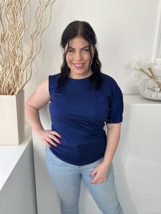   Simple (M) Indigókék Félvállas, Kerek Nyakú Gumis Ujjvégű, Rugalmas Anyagú Felső