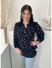   Monsoon (M) Sötétkék Fehér Foltmintás, Mellnél Gombos Kerekített Aljú Felső
