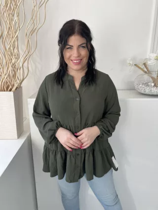    (L) Khaki Elől Végig Gombos, Fodros Aljú Gumis Ujjvégű Felső