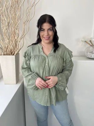   F&F (L) Permetzöld Anyagában Mintás, Elől Végig Gombos Fodros Vállú Felső