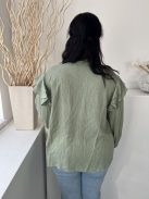 F&F (L) Permetzöld Anyagában Mintás, Elől Végig Gombos Fodros Vállú Felső