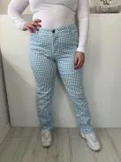 Denim (L) Kék-Fehér Kockás, Elől Gombos Zsebes, Övtartós Nadrág