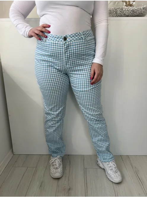 Denim (L) Kék-Fehér Kockás, Elől Gombos Zsebes, Övtartós Nadrág