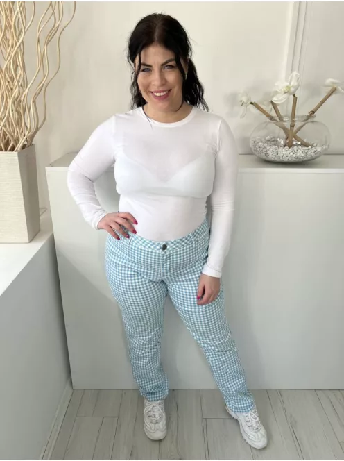 Denim (L) Kék-Fehér Kockás, Elől Gombos Zsebes, Övtartós Nadrág