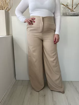   ÚJ Boohoo (L) Homokszínű Elől Cipzáros, Zsebes Magasított Derekú, Bőszárú Nadrág